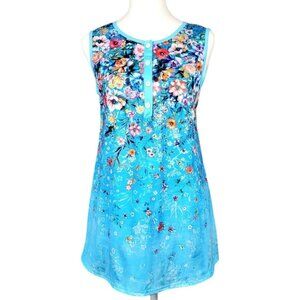 Women's XXL Blue Tropical Tank Top - Chic Half-Placket Design Lightweight Style